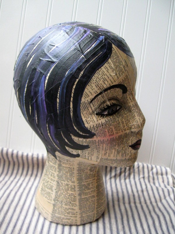 Mannequin Head mixed media Collage and handpainted French to English dictionary text Altered art Folk art