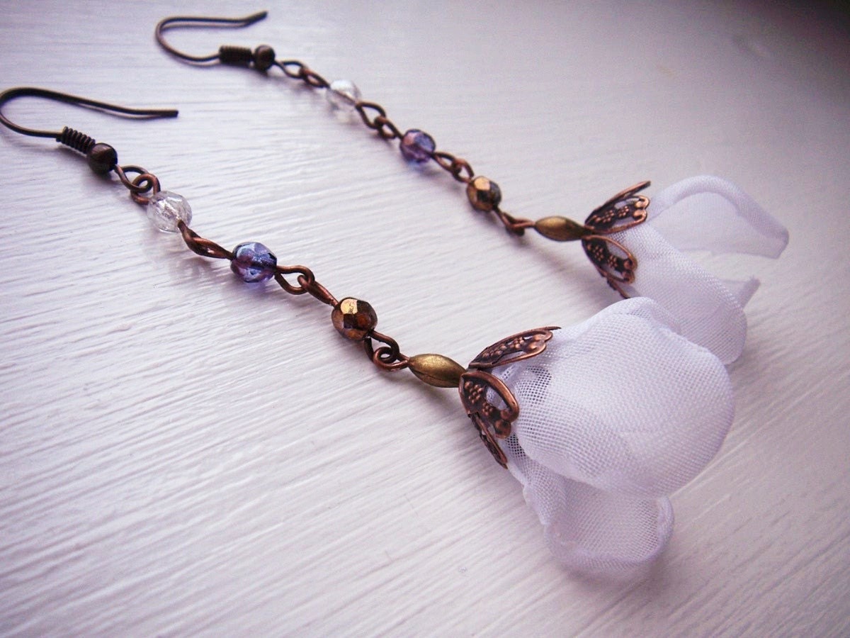 LAST PAIR of this design - PETALS - Snowdrops - earrings - white organza chiffon fabric crystals dangle by designer Marianna G. Mills