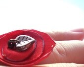 Poppy red satin flower ring . adjustable . unique fiber art design by MGM
