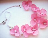 Fiber art . one of a kind statement necklace .  candy pink color tafetta flower tulle bib necklace
