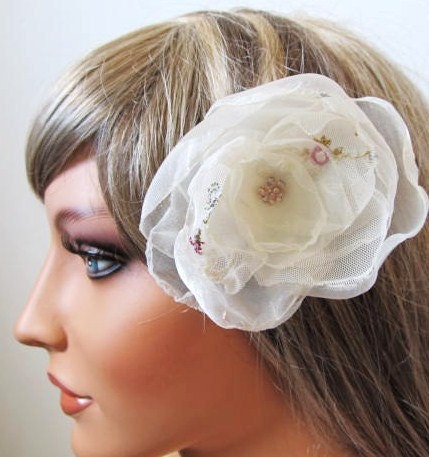 50% SALE - Ivory white organza hair piece or brooch pin for brides, bridesmaid or flower girl