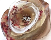 LAST ONE - taffeta and organza brooch with silver butterflies - brown white olive green emboided fabric flower blossom