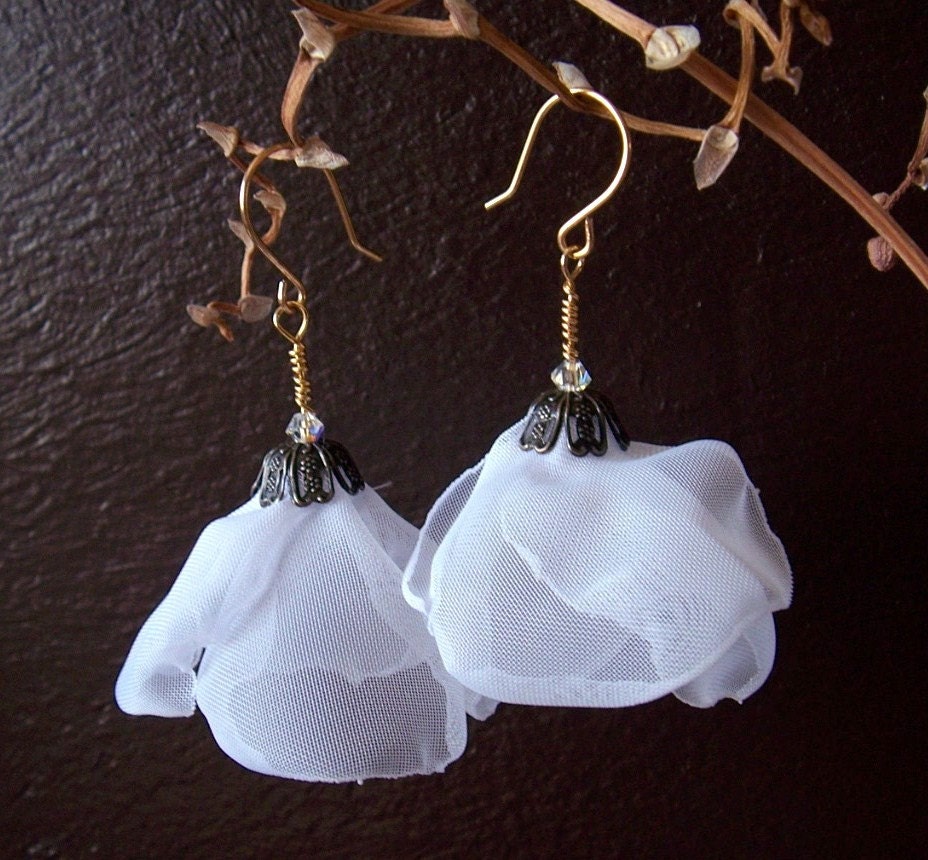 Petals - Dancing in the Air - White - Swarovski Crystal fabric and Gold Fill Earrings