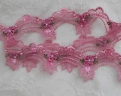 Rose Pink beaded flower lace trim embellished embroidered organza doll bridal with pearls sequins flowers