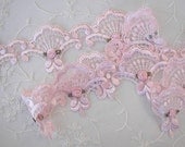 Hand Dyed Pink Fan Lace Trim Embellished w Satin Rose Bud Flowers Baby Bridal