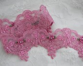 Rose Pink Pearl Sequin Beaded Flower Lace Trim Embellished Embroidered Organza Pageant Doll Bridal