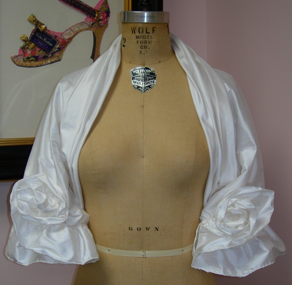 Dupioni Silk Wedding Shrug. Silk Wedding Shrug featuring Pleated Neckline and Dupioni Silk Rosettes