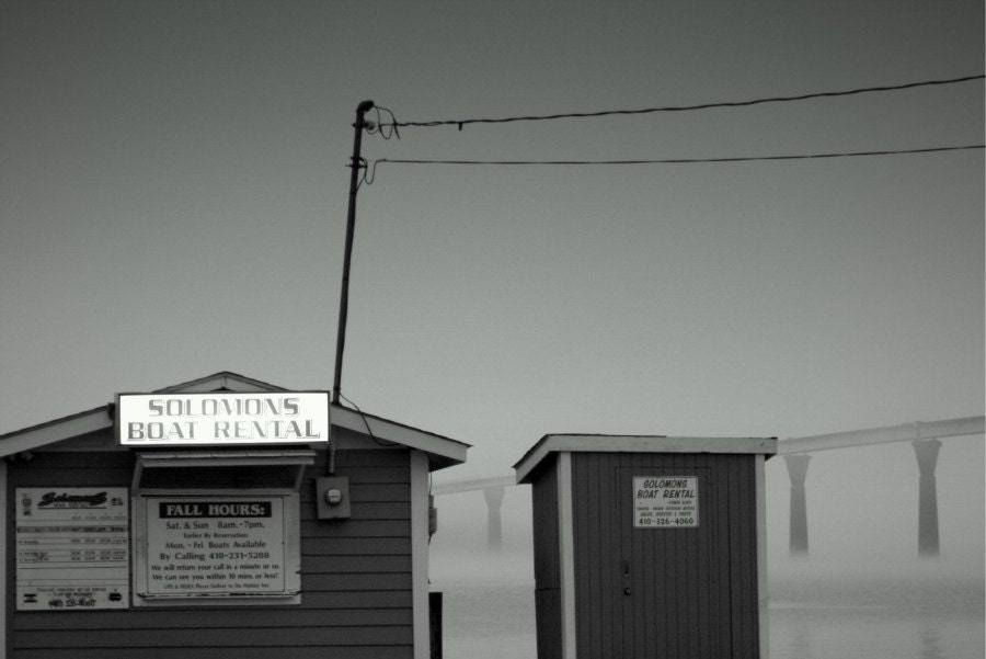 Beach Photography Black and White Fine Art Photo Solomons Boat Rental, Fog Rising From the River