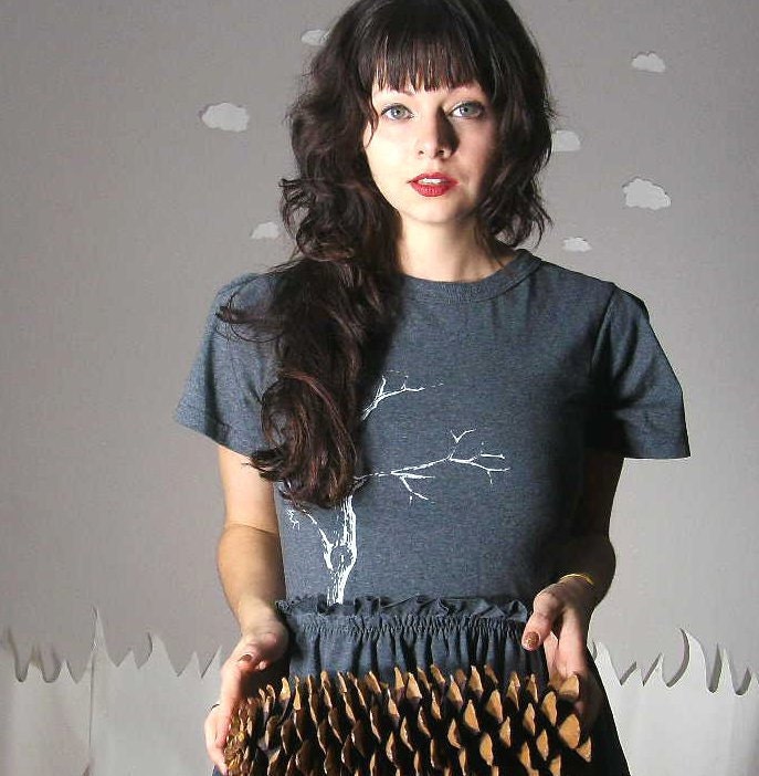 Eco-friendly tunic dress with white branch screenprint grey medium URBAN FOLK