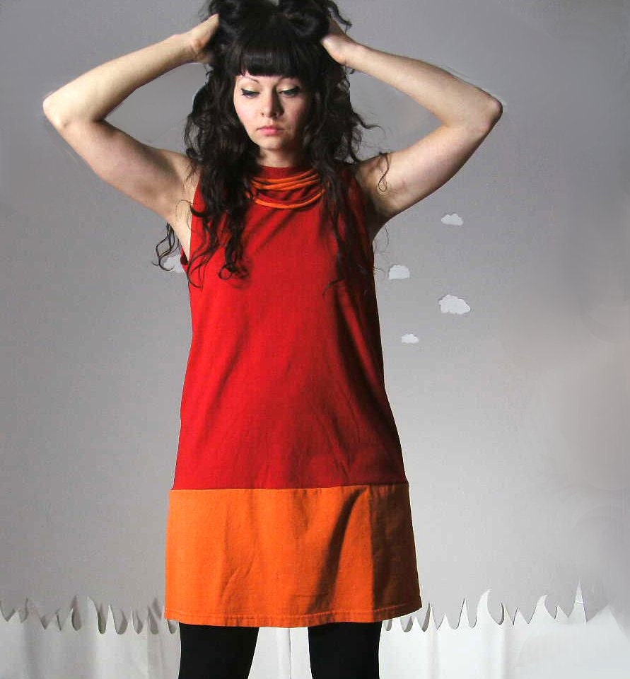 Upcycled dress color block red orange embellished large NIGHT SHIFT