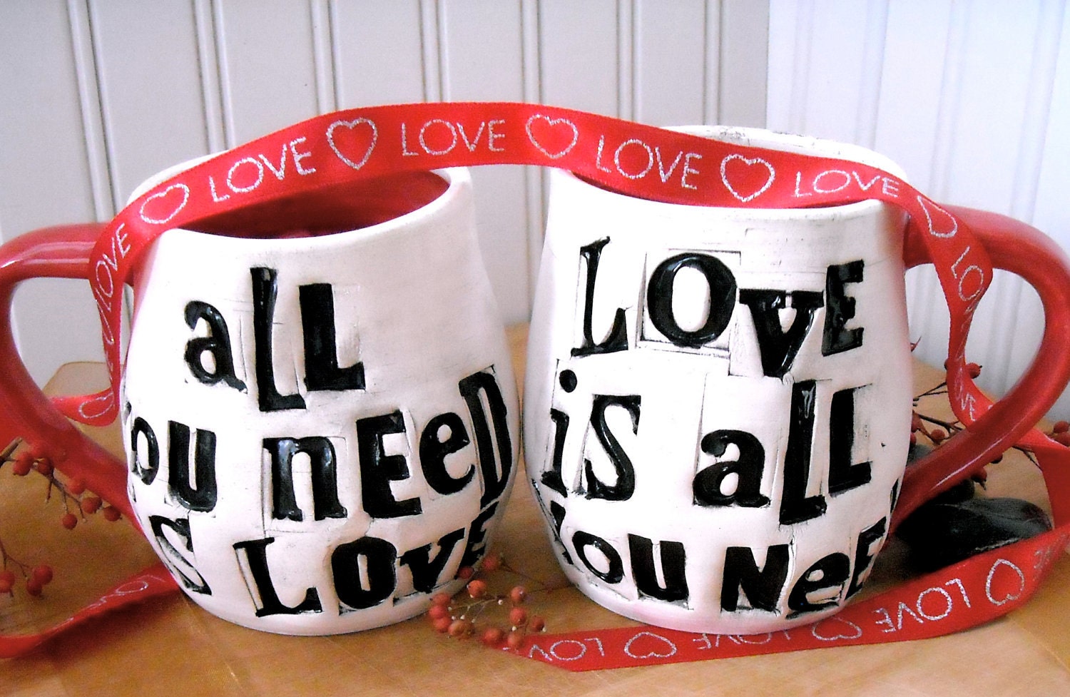 Personalized ALL You Need Is Love Mugs - Wedding Bride & Groom 2 Cup Set Table Settings - HandMade TO ORDER Custom Rustic Coffee Cups