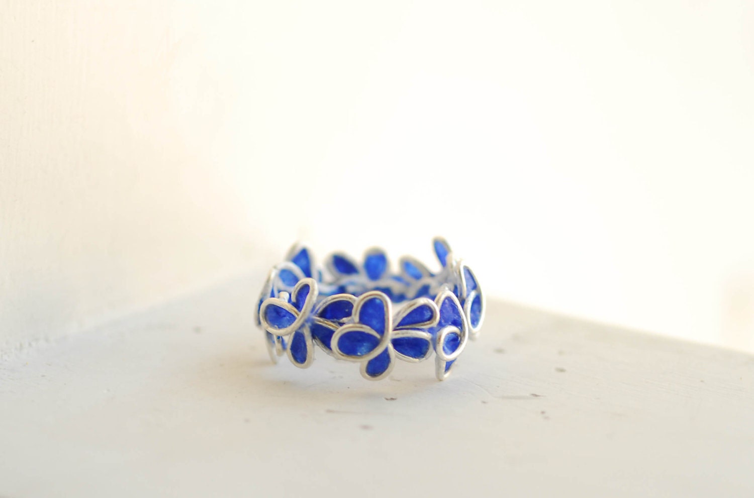 Forget Me Not Flower Ring, Bridesmaid Gift Jewelry Weddings Anniversary, Royal Blue Artisan Paper Jewelry Eco Friendly Sterling Silver...