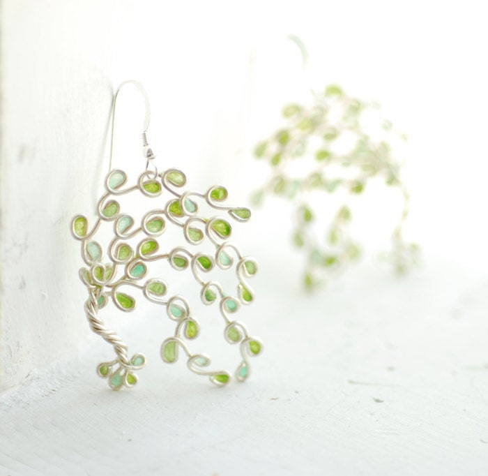 Willow Tree Dangle Earrings Sterling Silver, Wedding Anniversary Eco Friendly Nature Jewelry, Hues of Green...