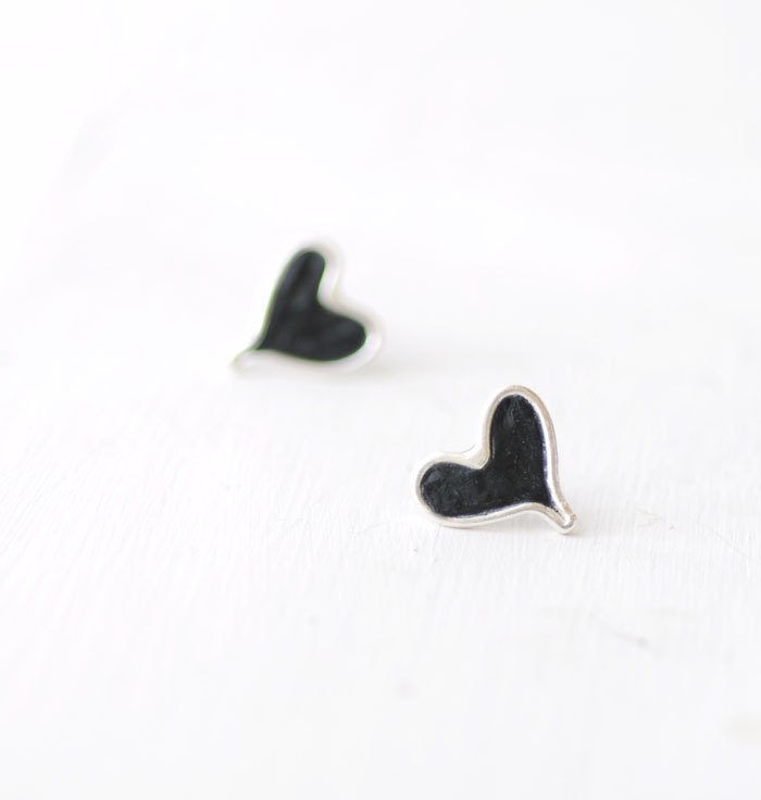 Black Heart Stud Post Earrings, Sterling Silver Artisan Jewelry...
