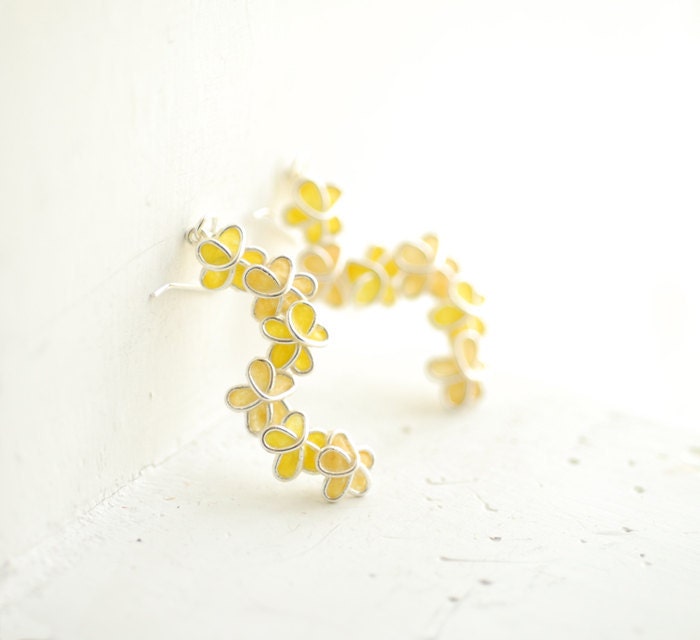 Yellow Forget Me Not Flower Dangle Earrings in Sterling Silver, Artisan Paper Jewelry...