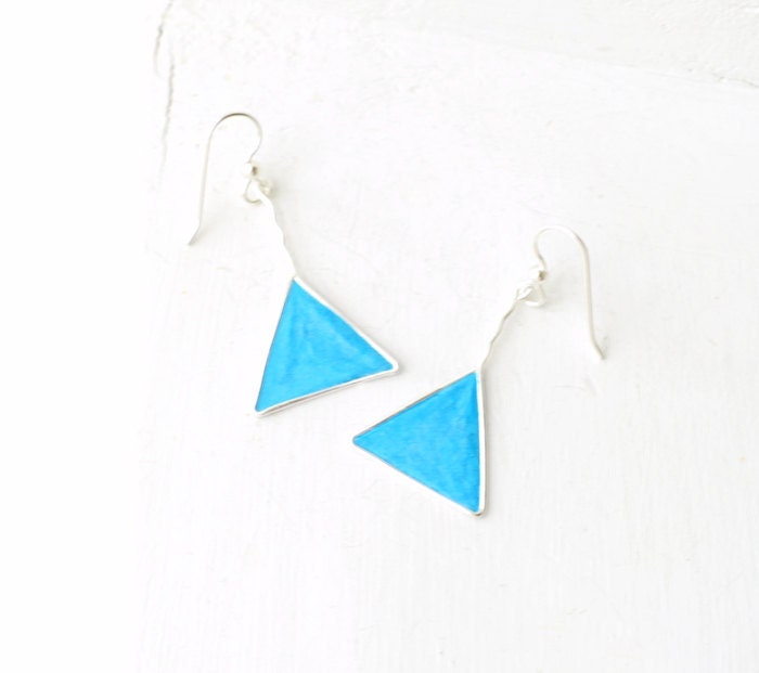 Electric Blue Geometric Triangle Earrings, Minimalist Sterling Silver Dangle Jewelry...