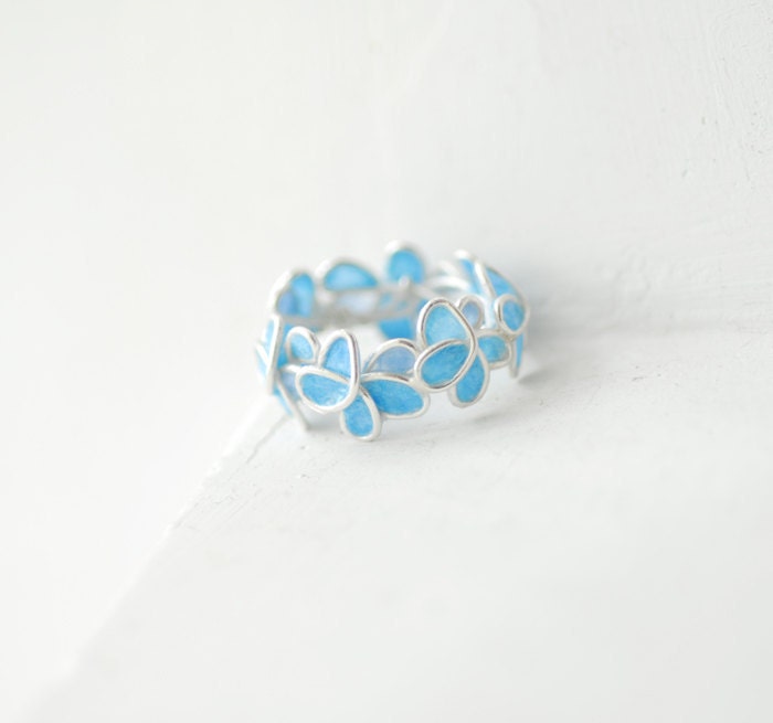 Pale Blue Forget Me Not Flower Ring, Wedding Anniversary Sterling Silver Artisan Eco Friendly Paper Jewelry...