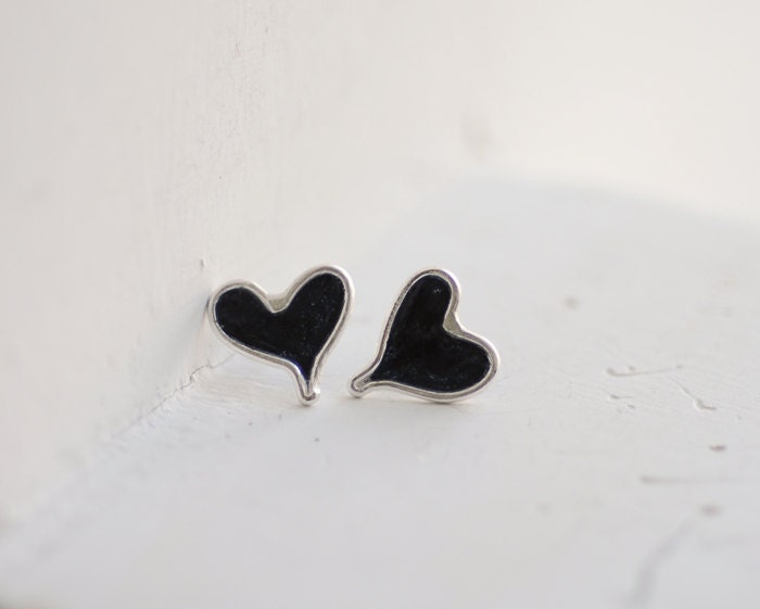 Black Heart Stud Post Earrings, Sterling Silver Artisan Jewelry...