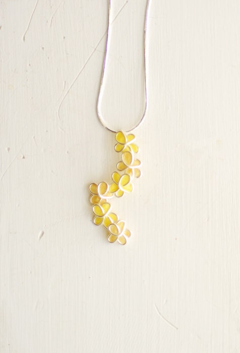 Yellow Forget Me Not Pendant Necklace in Sterling Silver, Paper Sculptural Jewelry....