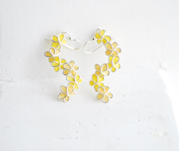 Yellow Forget Me Not Flower Dangle Earrings in Sterling Silver, Artisan Paper Jewelry...