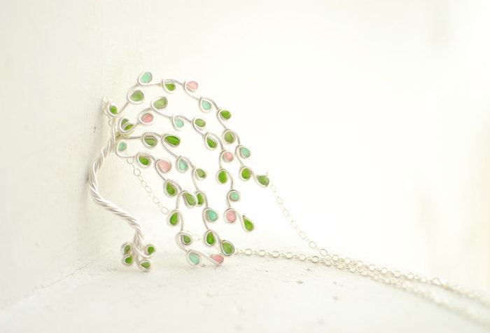 Apple Blossom Tree Necklace in Sterling Silver, Green and Pink Pastel, Spring Jewelry Designs...