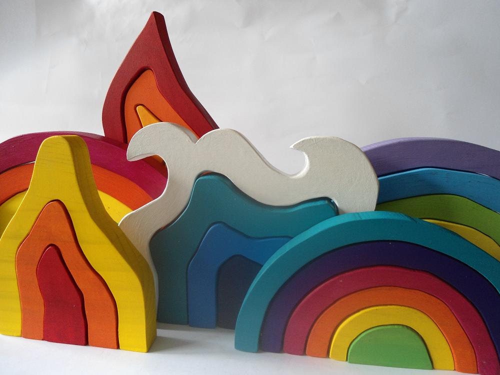 Children kids wooden rainbow stacking wooden toy hand made hippy steiner waldorf colourful