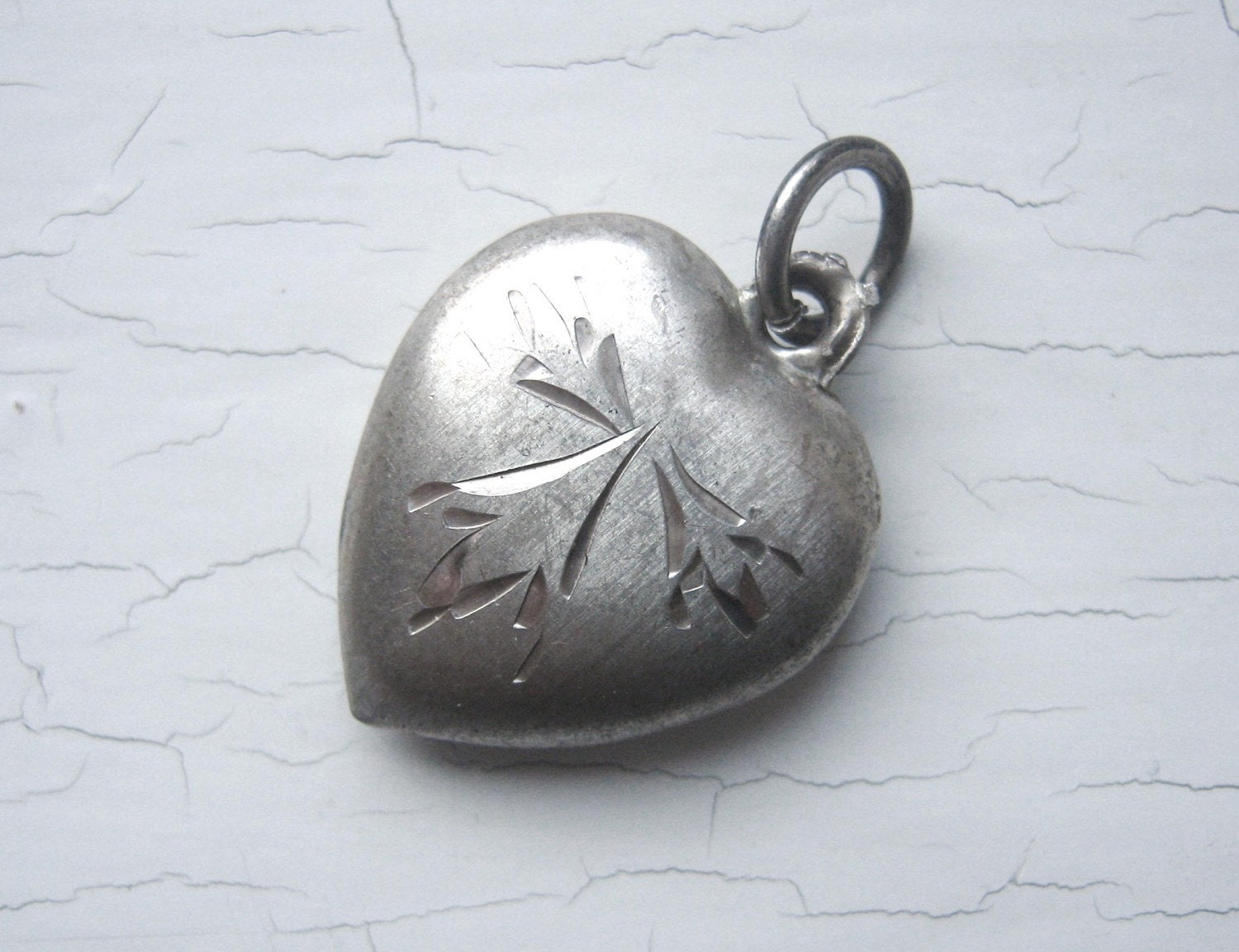 Vintage 30's Sterling Silver Etched Puffy Heart Charm