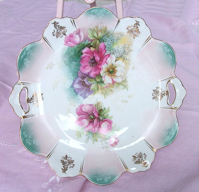 RS Prussia Pink and Aqua Handled Cake Plate/Server