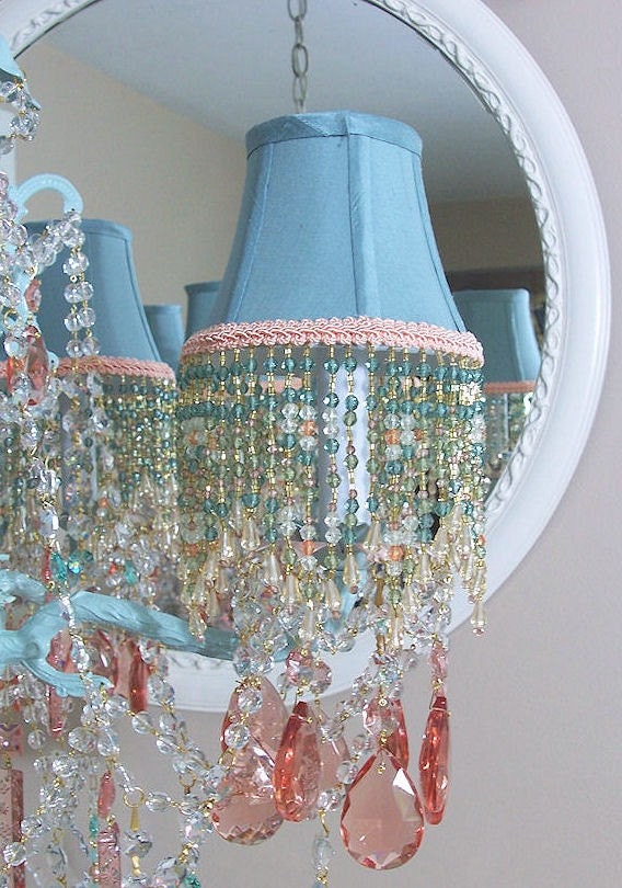 Glacier Blue and Pale Peach Crystal Chandelier with Matching Shades