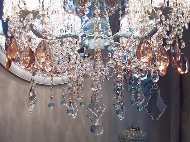 Glacier Blue and Pale Peach Crystal Chandelier with Matching Shades