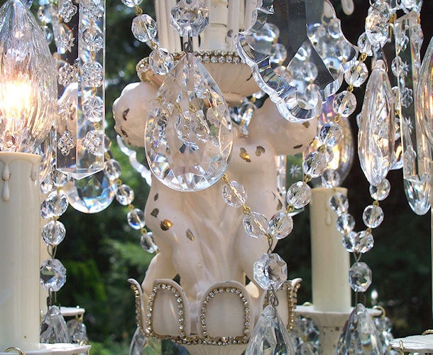 Precious Jeweled Shabby Vintage Cherub Waterfall Crystal Chandelier