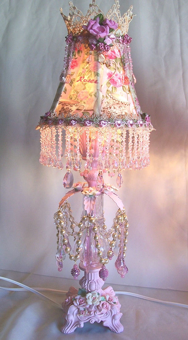 Shabby French Vintage Pink Roses Boudoir Lamp and Shade