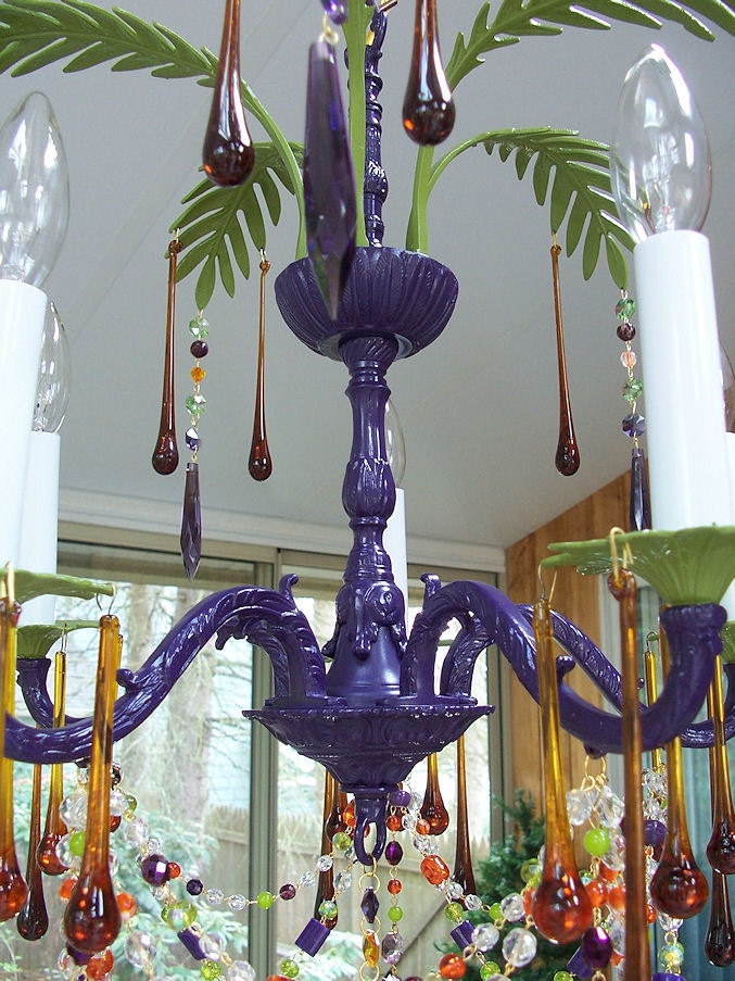 Exotic Vintage Purple and Green Palm Leaf Chandelier