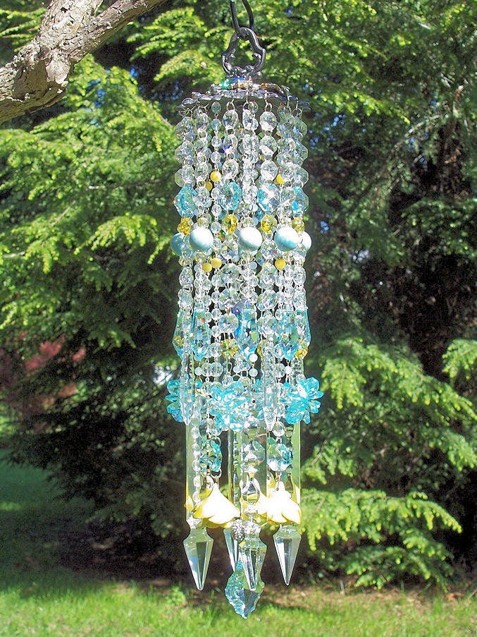 Jeweled Light Aqua and Yellow Antique Roses and Crystal Wind Chime