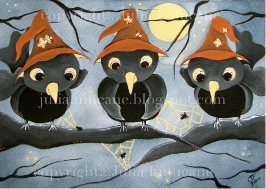 Fantasy Art - Black Birds in Witch Hats - Halloween Full Moon Print - Folk Artwork