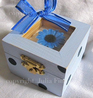 Blue Flower Jewelry Box - Handmade Trinket Container - Gold Lock Hinge