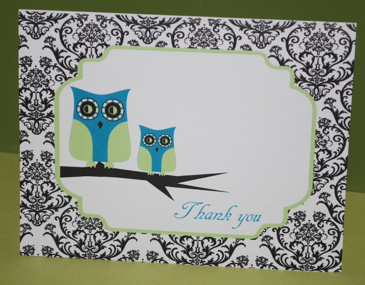 Baby thank you cards, damask owls, baby shower (set of 10) Il_570xn