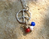Handcrafted Hammered Silver Red White and Blue Peace Symbol Necklace