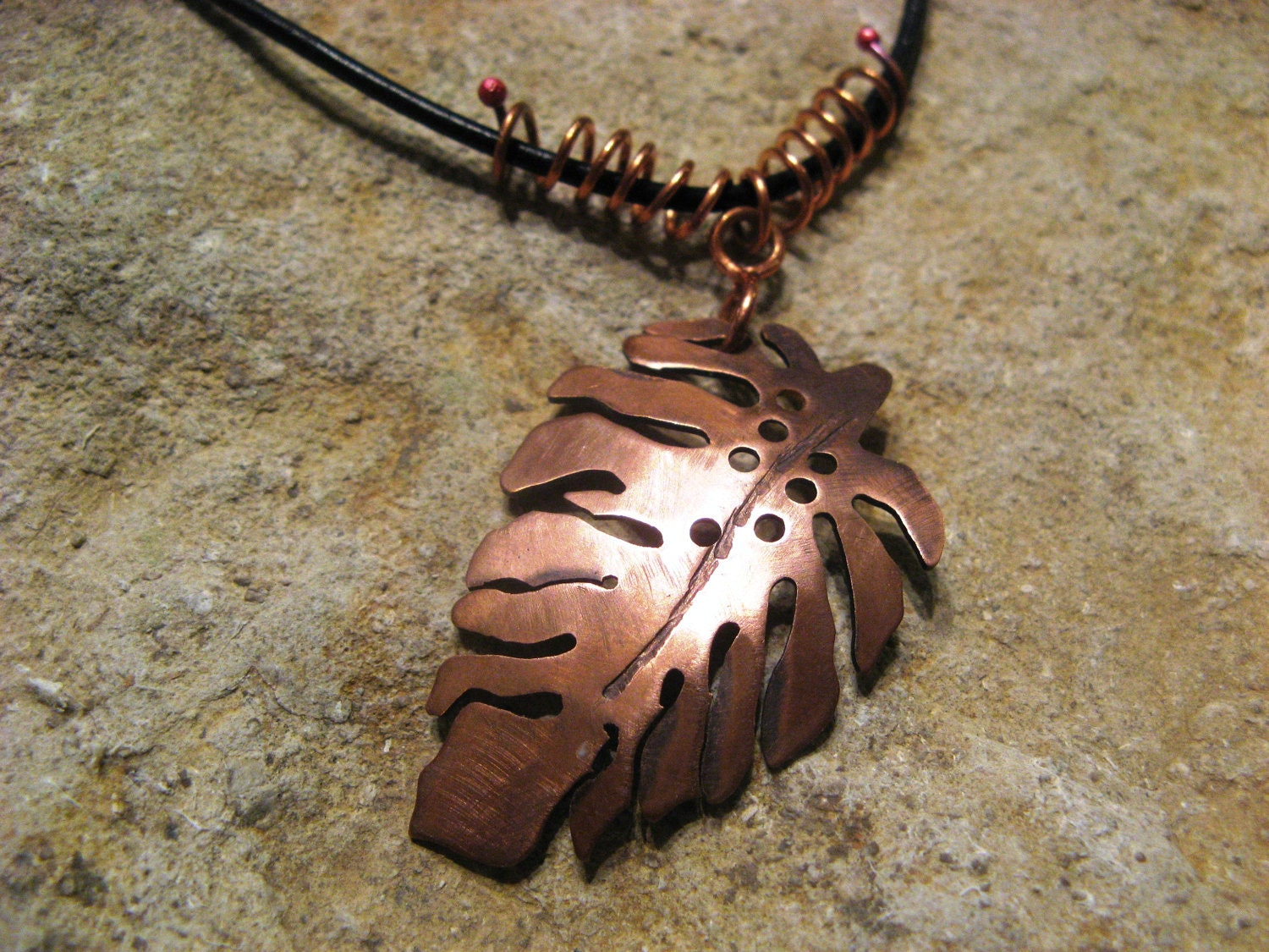 Handcrafted Pierced Copper Leaf Pendant Necklace