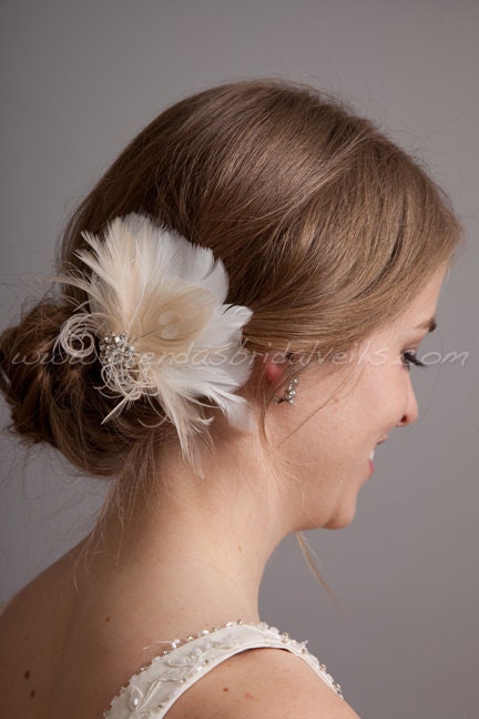 Hair Feather Fascinator, Ivory or Diamond White with Champagne Peacock Eye, Bridal Hair Birdcage Fascinator, Rhinestone Center - Justa