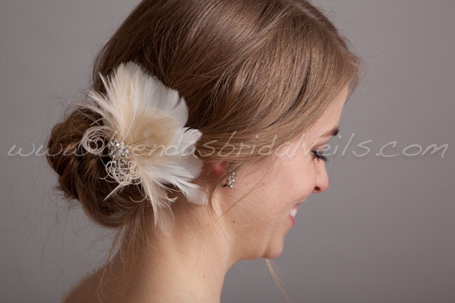 Hair Feather Fascinator, Ivory or Diamond White with Champagne Peacock Eye, Bridal Hair Birdcage Fascinator, Rhinestone Center - Justa