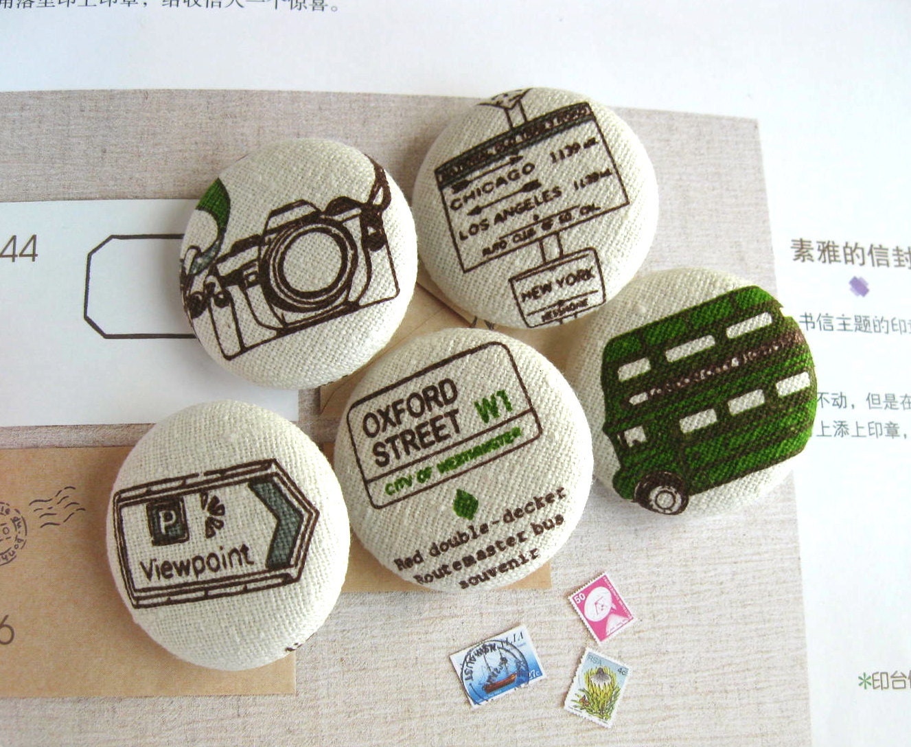 Handmade Fabric Buttons - Big Green Cream Bus Camera Vacation Travel Handmade Cloth Fabric Buttons 1.5 Inch 5's