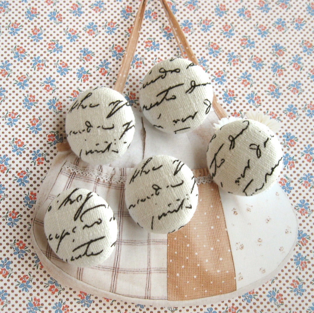 Handmade Fabric Buttons - Retro Black Light Cream Cursive Words Script Typo Fabric Buttons 1 Inch 5's