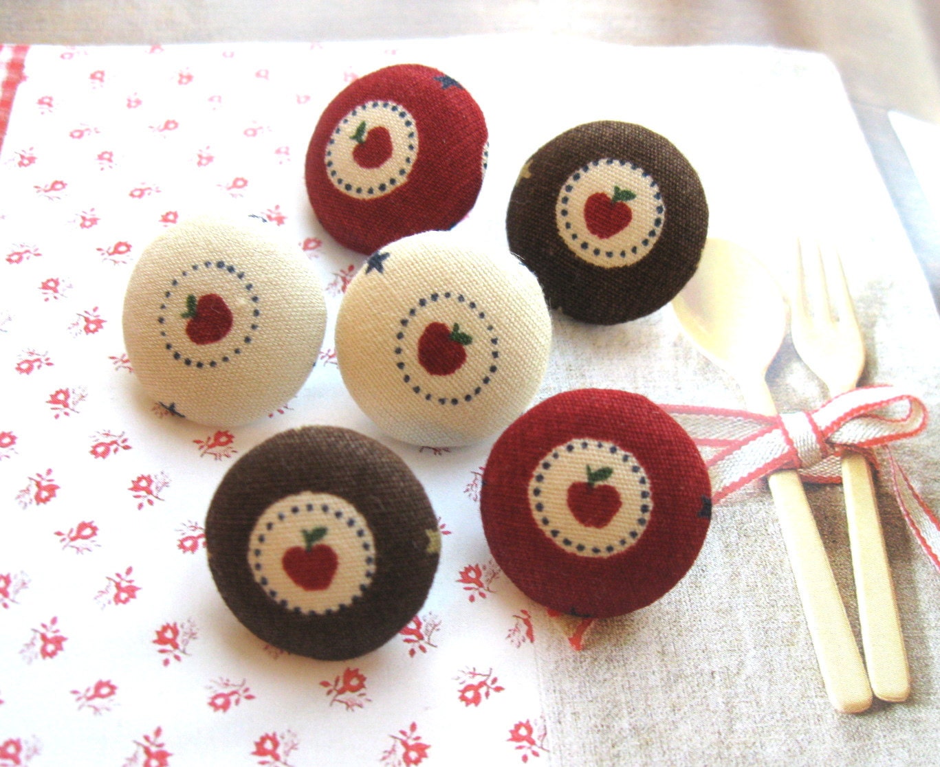 Handmade Fabric Buttons - Small Brown Cream Red Country Apples Handmade Fabric Buttons 0.75 Inch 6's