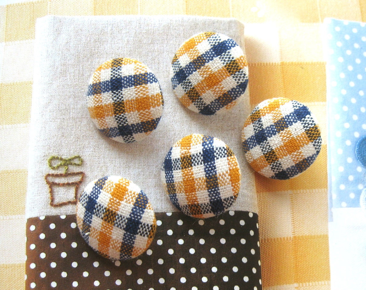 Handmade Fabric Buttons - Country Yellow Dark Blue White Checks Plaids Handmade Fabric Buttons 0.75  /1 / 1.1 Inches 5's