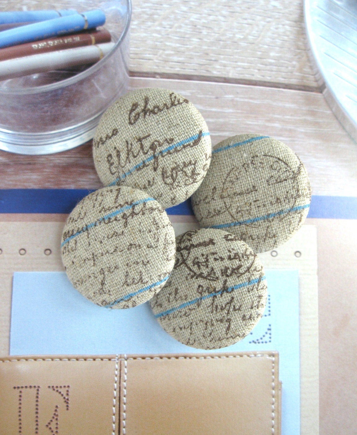 Handmade Fabric Buttons - Large Beige Brown Words Letters Typo Script Notebook Line Fabric Buttons 1.25 Inch 4's
