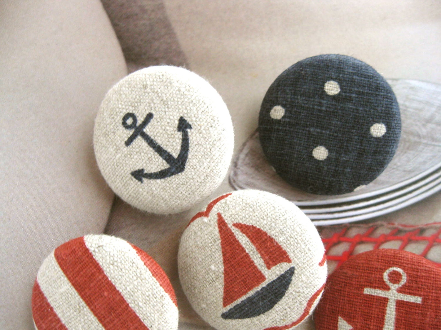 Handmade Fabric Buttons - Large Beige Red Dark Blue Anchor Nautical Marine Stripes Polka Dots Ship Handmade Fabric Buttons 1.25 Inch 6's
