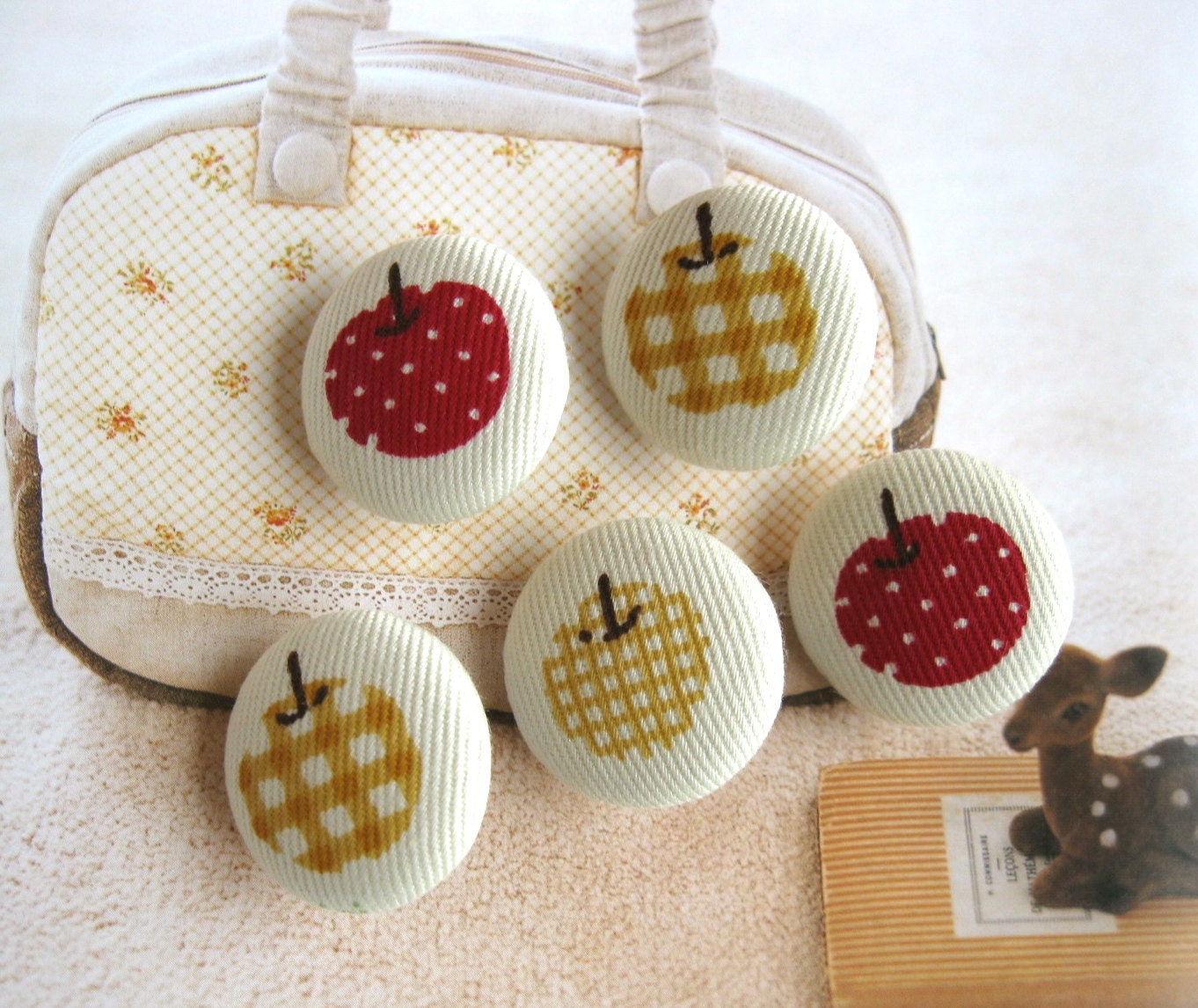 Handmade Fabric Buttons - Red Yellow Cream Apples Fruit Handmade Fabric Buttons 1.1 Inches 5's