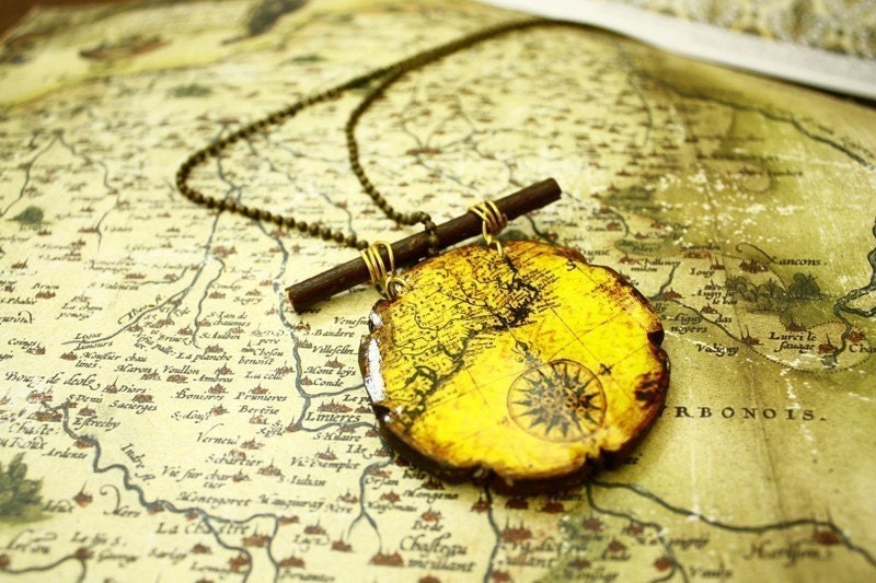 The Traveller - Steampunk map necklace with optional leather locket