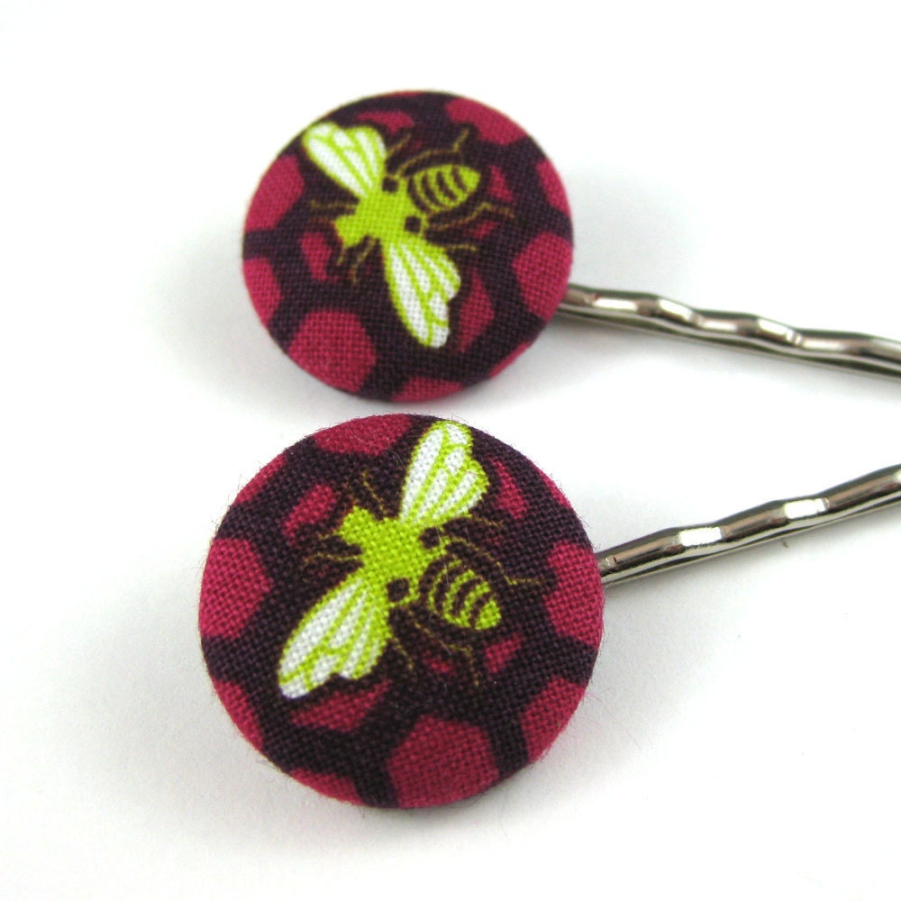 Bee Bobby Pins - Honeybee Fabric Covered Button Bobby Pins in Fuchsia and Lime - Hive